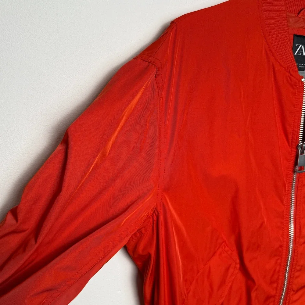 Zara Mens Red Ruched Sleeve Bomber Jacket‎ Full Zip Utility Flight Coat Size M